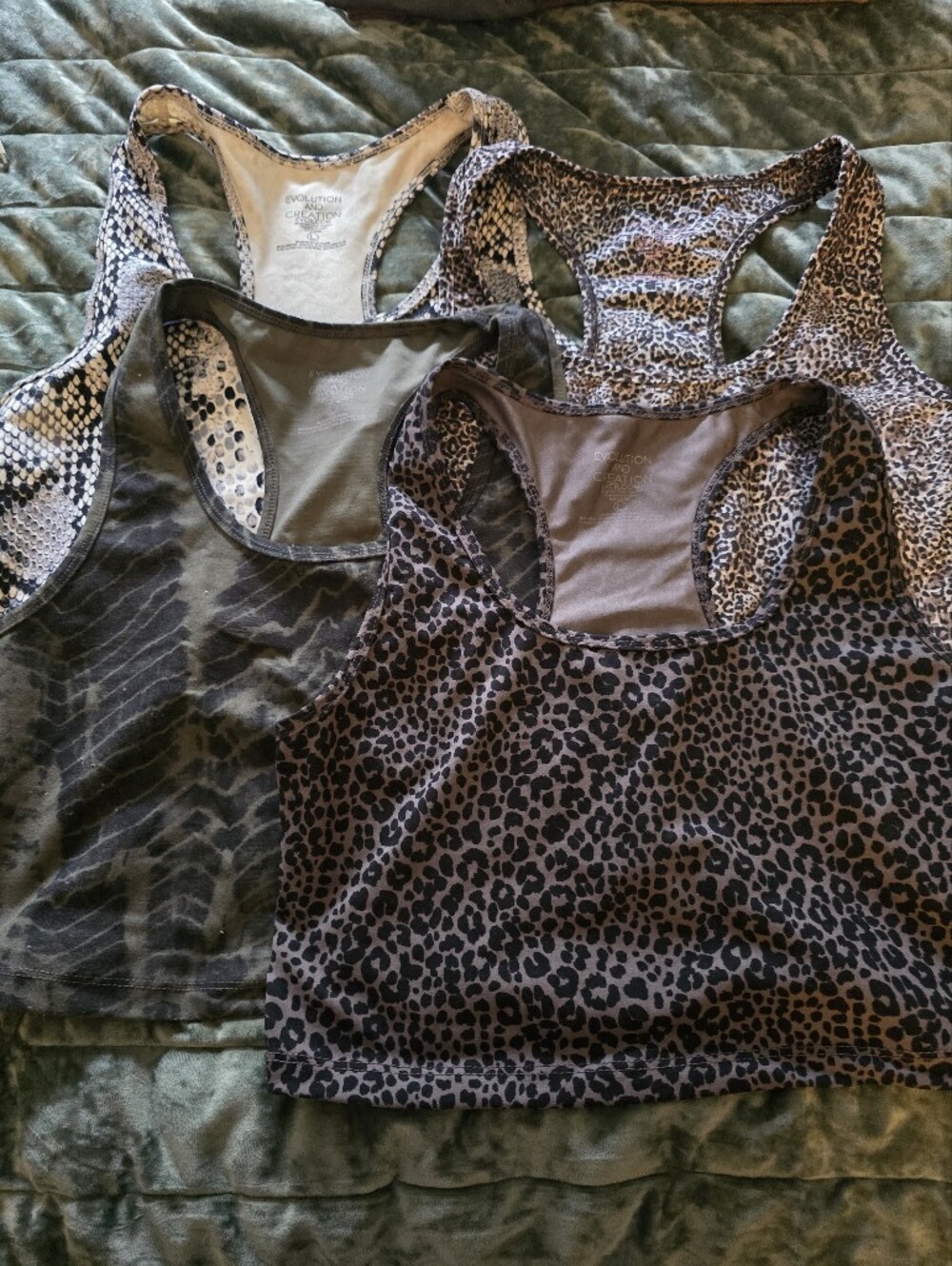 (Set Of 4) Leopard, Snake Print & Olive Tie Dye Racerback Cropped Tanks